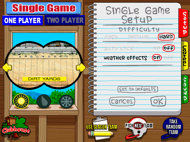 Backyard Football (Windows) screenshot: Game setup