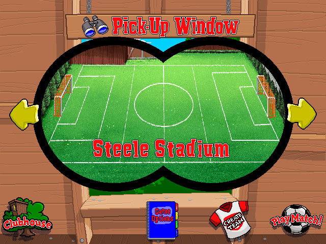 Backyard Soccer (Windows) screenshot: Pick your field. Many of the favorites from Baseball return, such as Steele Stadium (pictured here), Eckman Acres, Playground Commons and Cement Gardens.