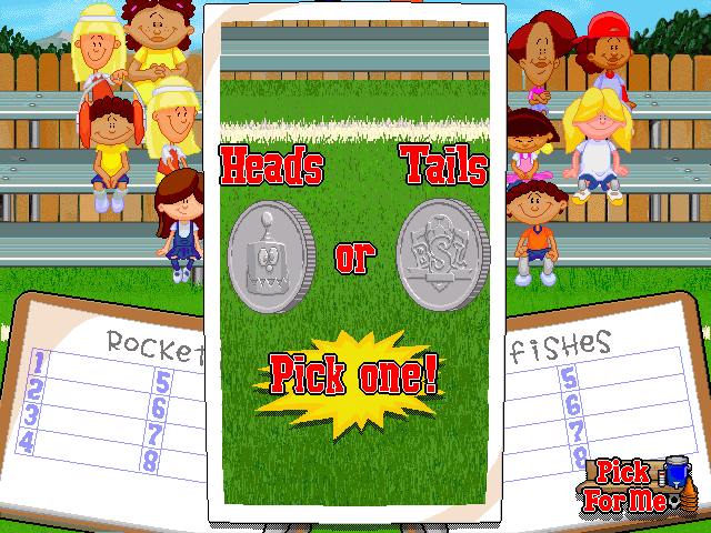 Backyard Soccer (Windows) screenshot: Heads or Tails to see who goes first. Let's pick heads...