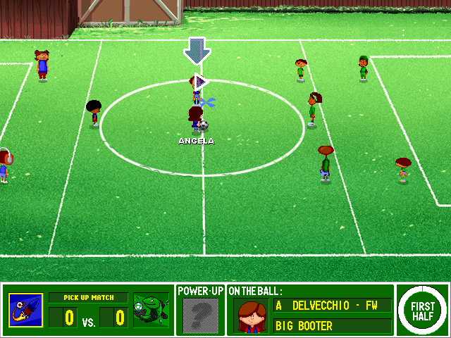 Backyard Soccer (Windows) screenshot: Kicking it off.