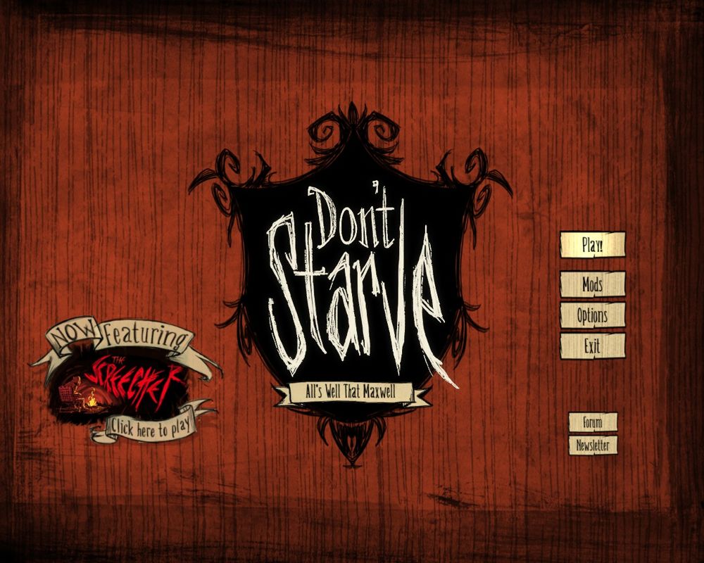 Don't Starve (Windows) screenshot: Main menu - This screen usually changes with each new update, sometimes signifying a graphical presentation of the latest major update and highlighted mod.