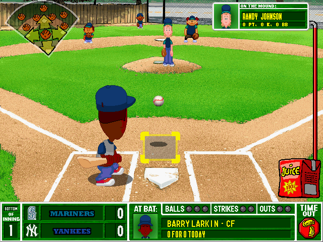 Backyard Baseball 2001 (Windows) screenshot: Randy pitches the ball...