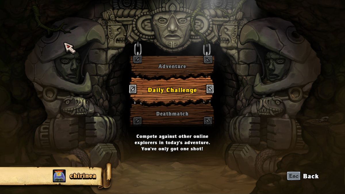 Spelunky (Windows) screenshot: Selecting game mode. The Daily Challenge Mode is exclusive to the Steam and PSN releases.