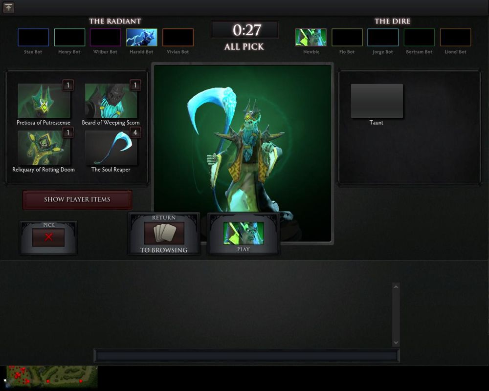 Dota 2 (Windows) screenshot: Once a hero has been chosen, items may be equipped for purely decorative purposes. Now which scythe would I look good with in a wedding?