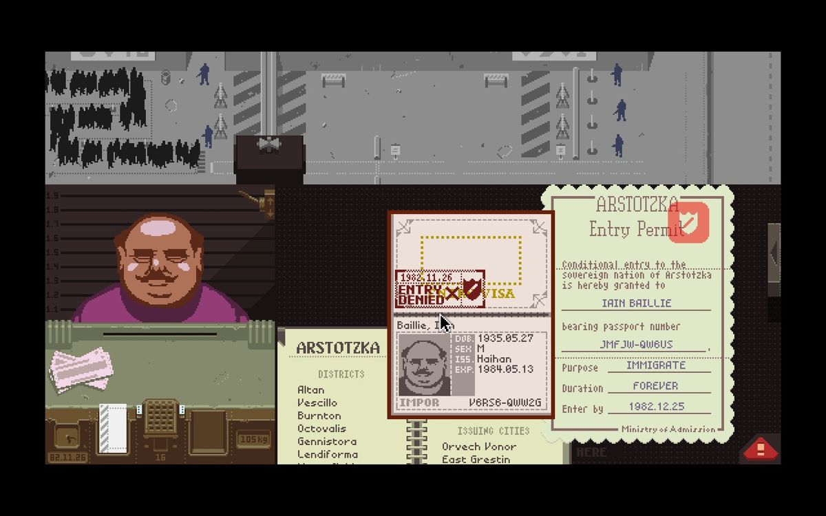 Papers, Please (Windows) screenshot: This passport number does not match your entry permit! Good bye!