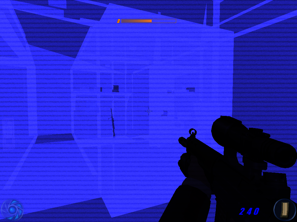 007: Nightfire (Windows) screenshot: The x-ray vision mode is also helpful in locating secret areas, like this room concealed behind a library bookshelf.