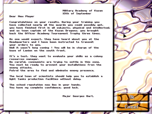 A.R.S.E.N.A.L Taste the Power (DOS) screenshot: Detailed briefings establish background on the plot and the personality of the player's alter ego in the game.