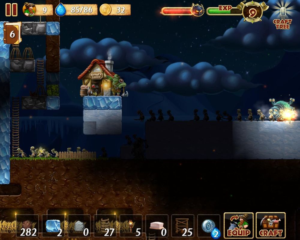 Craft the World (Windows) screenshot: Invasion! A horde of undead skeletons, backed by some beholders coming through a red gate.