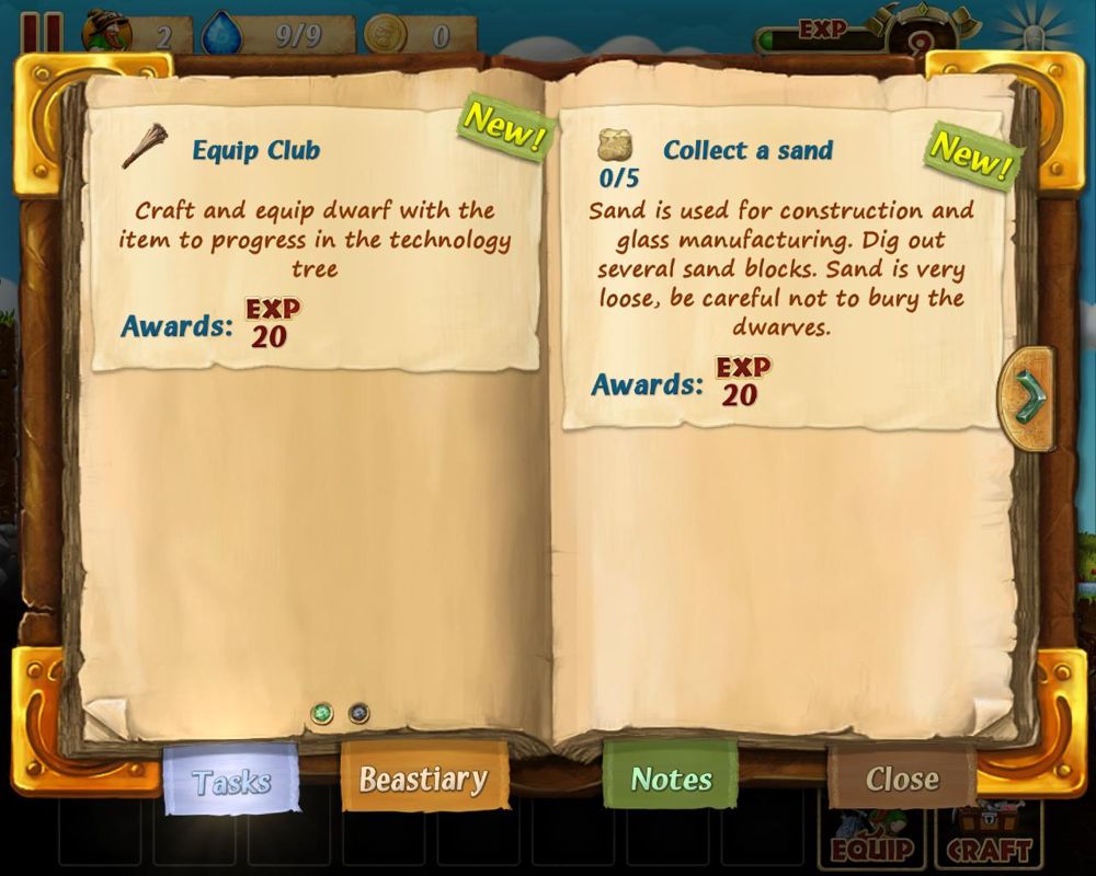 Craft the World (Windows) screenshot: Tasks are available, describing what needs to be done and possible rewards.