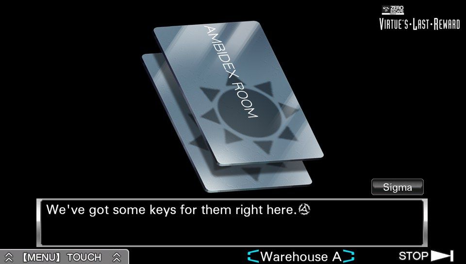 Zero Escape: Volume 2 - Virtue's Last Reward (PS Vita) screenshot: Key cards will let you enter ambidex room, the only place where you can affect the number on your bracelet.