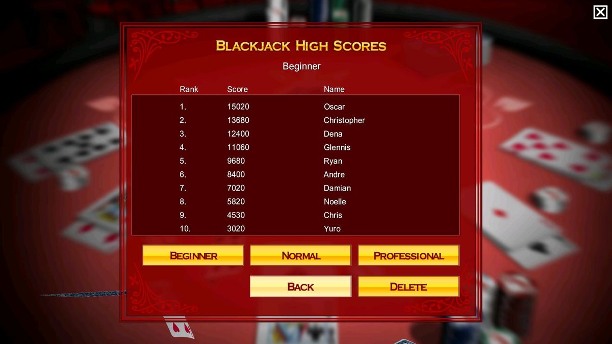 Bicycle Blackjack (Windows) screenshot: High Scores