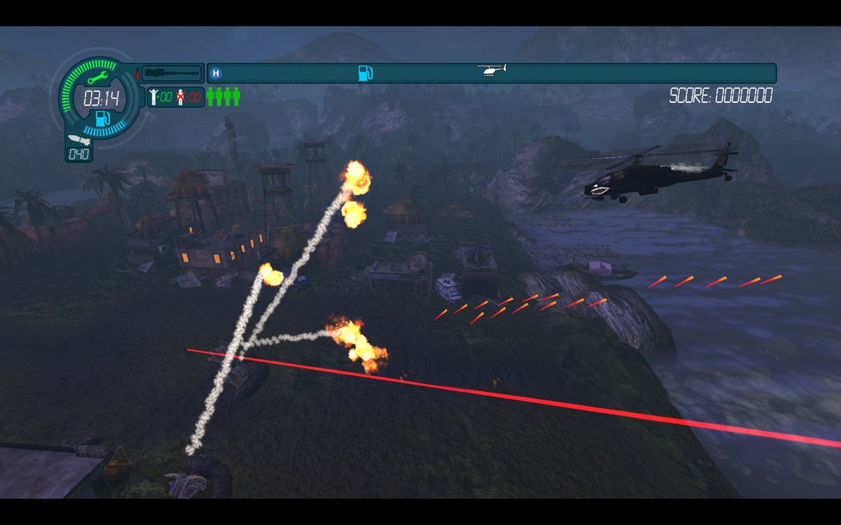 Choplifter HD (Windows) screenshot: No evading this flak, good thing those choppers are armed.