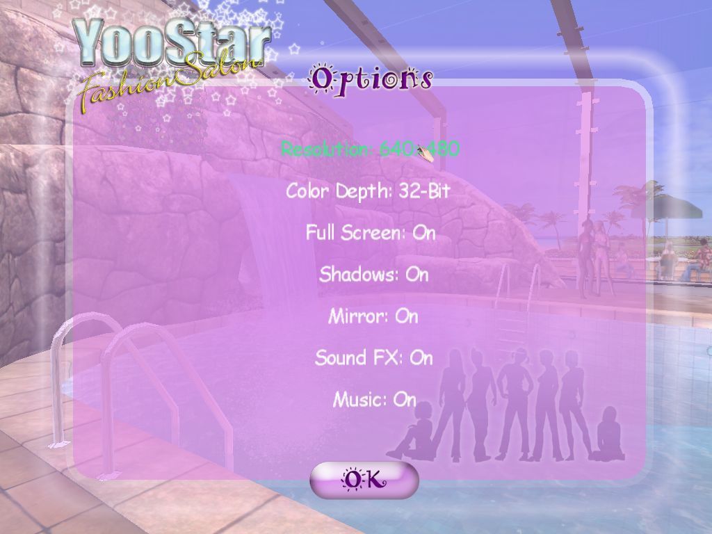 YooStar Fashion Salon (Windows) screenshot: The game configuration screen. Each item is changed by clicking on it until the desired value is shown.