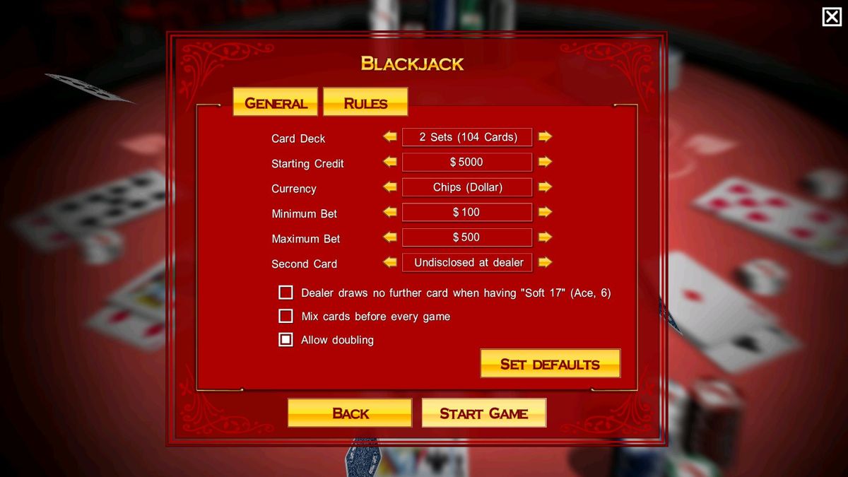 Bicycle Blackjack (Windows) screenshot: Adjusting the rules