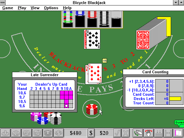 Bicycle Casino: Blackjack, Poker, Baccarat, Roulette (Windows 3.x) screenshot: Bicycle Blackjack: Late Surrender chance