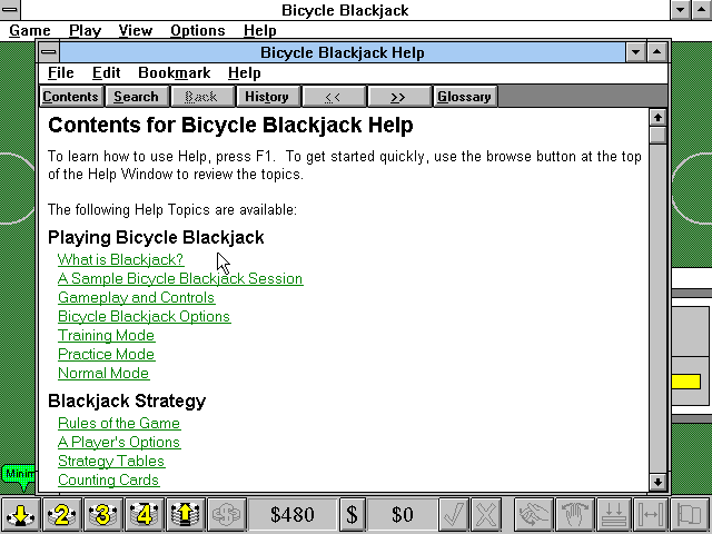 Bicycle Casino: Blackjack, Poker, Baccarat, Roulette (Windows 3.x) screenshot: Bicycle Blackjack: Help