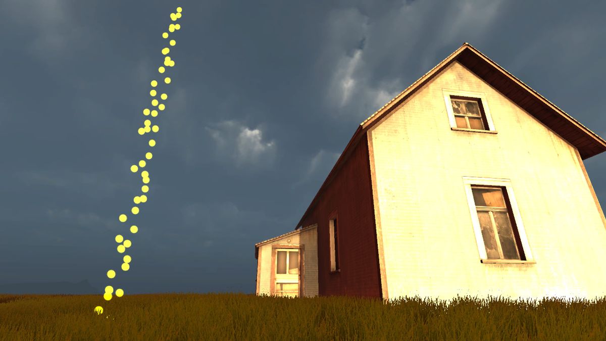 TRIHAYWBFRFYH (Windows) screenshot: An abandoned house along with the yellow trail