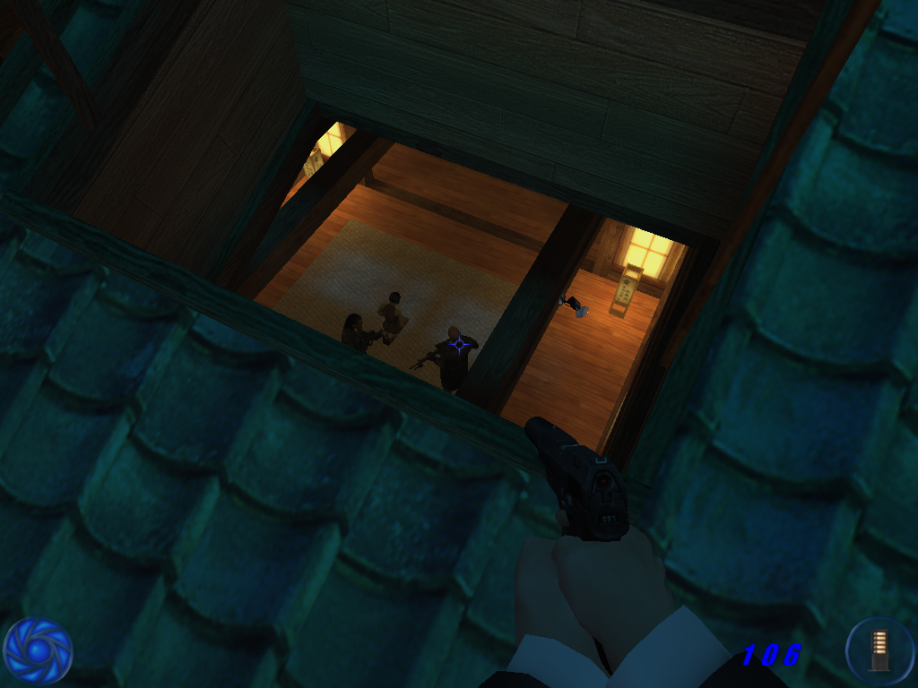 007: Nightfire (Windows) screenshot: There are multiple ways of completing levels, and you can find various ways of sneaking behind enemies and taking them out while staying undetected.