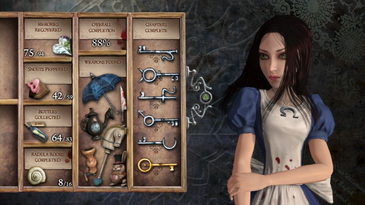 Alice: Madness Returns (PlayStation 3) screenshot: Achievements and gathered collectibles.