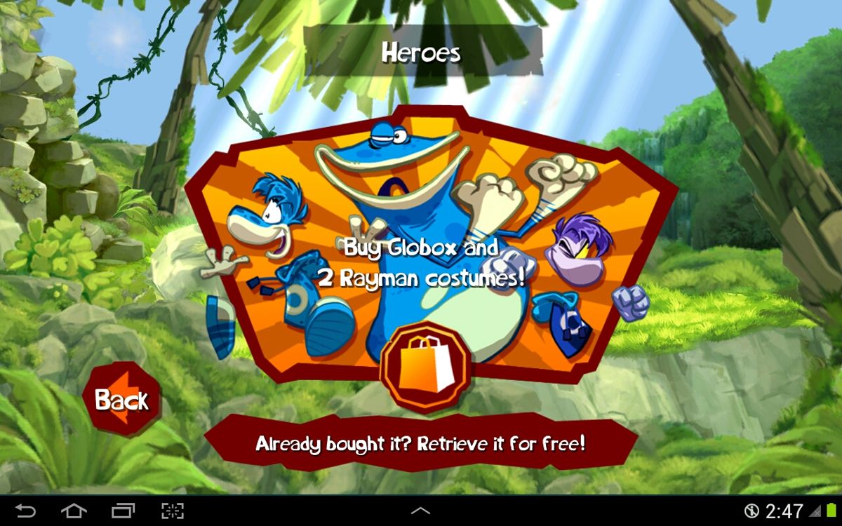 Rayman Jungle Run (Android) screenshot: You can buy skins for real money