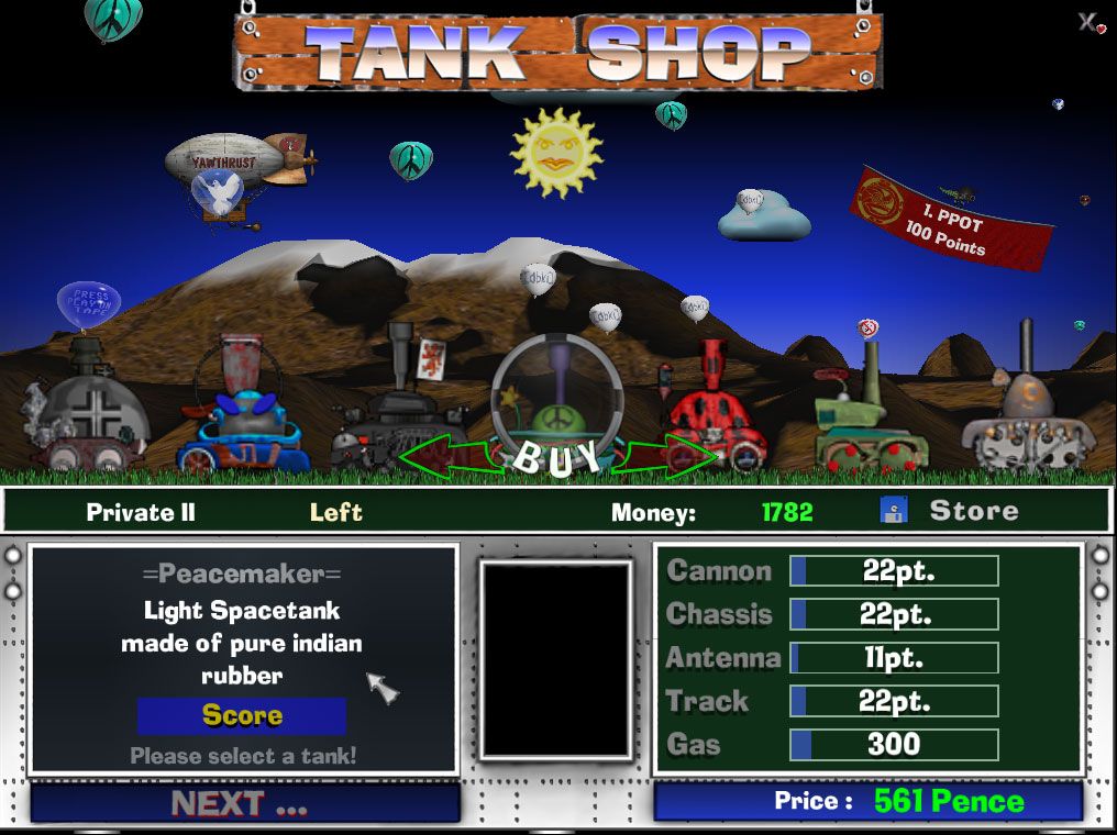 SpaceTanks (Windows) screenshot: The Tank Shop, with 50 models to choose from.
