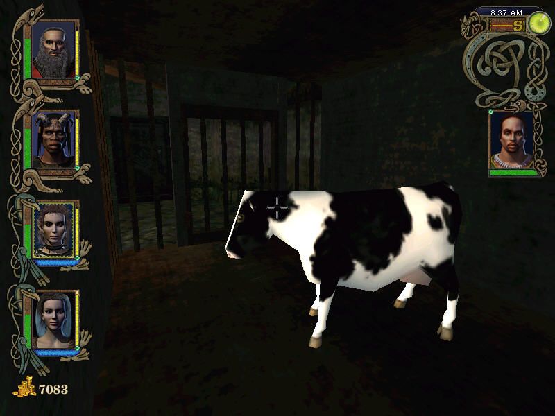 Might and Magic IX (Windows) screenshot: Oh yeah? And you fight like a cow!.. I wonder what this cow is doing in a prison dungeon?..
