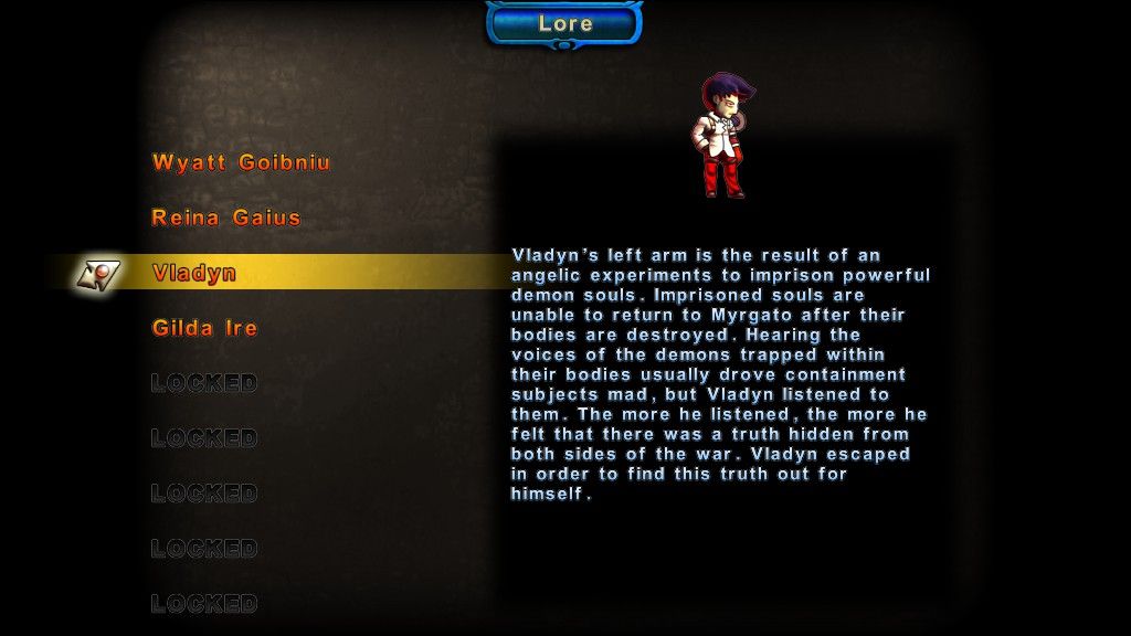 Valdis Story: Abyssal City (Windows) screenshot: The game has a lore section, featuring characters and