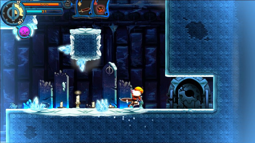 Valdis Story: Abyssal City (Windows) screenshot: The broken device in the lower right corner is a heater. Wherever it is broken, the city freezes.