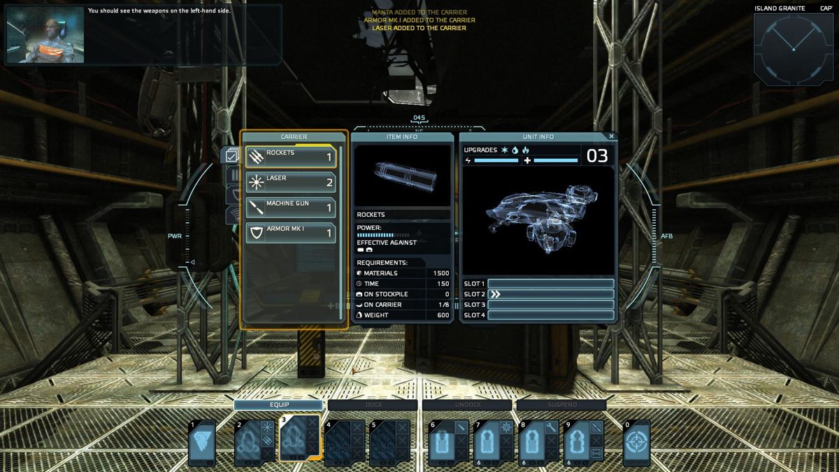 Carrier Command: Gaea Mission (Demo Version) (Windows) screenshot: The units can be equipped
