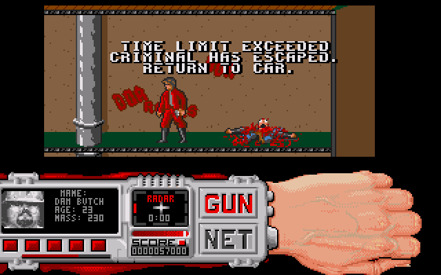Techno Cop (Amiga) screenshot: Failed to apprehend the criminal in a reasonable amount of time
