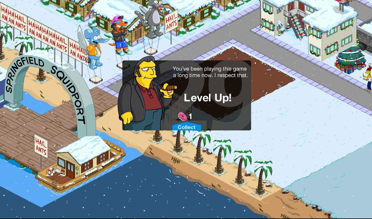 The Simpsons: Tapped Out (Android) screenshot: Levelling up will get you a unique message from a different Simpsons character for each level.