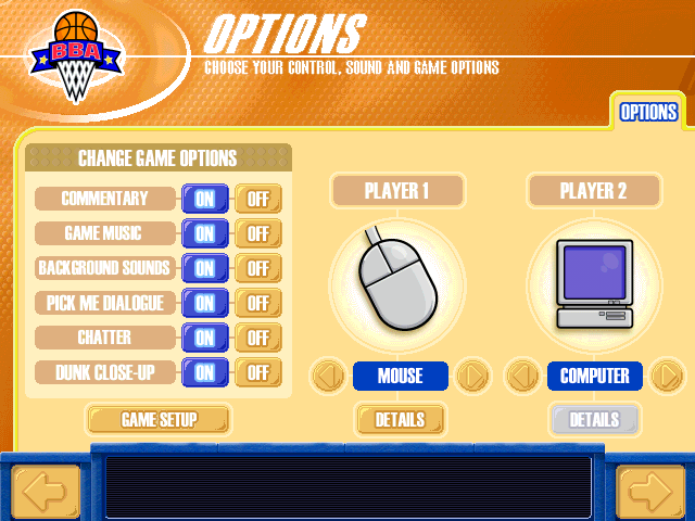 Backyard Basketball (Windows) screenshot: Control options, plus some background options that don't directly impact the gameplay