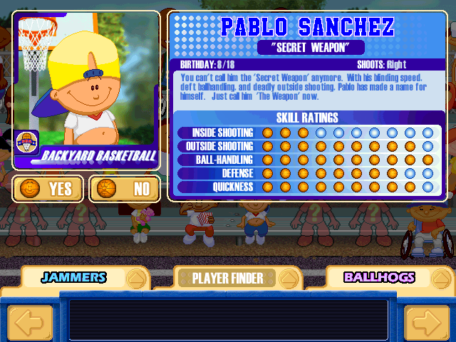 Backyard Basketball (Windows) screenshot: I want to know if there's anybody on this planet who didn't pick Pablo first.