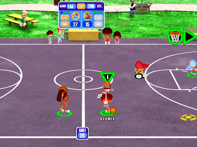 Backyard Basketball (Windows) screenshot: Dribbling down the court