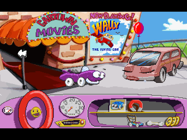 Putt-Putt Joins the Parade (Windows 16-bit) screenshot: Mrs. Airbag is distraught over her lost child in the movie theater.