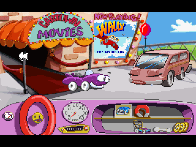 Putt-Putt Joins the Parade (Windows 3.x) screenshot: Mrs. Airbag is distraught over her lost child in the movie theater.