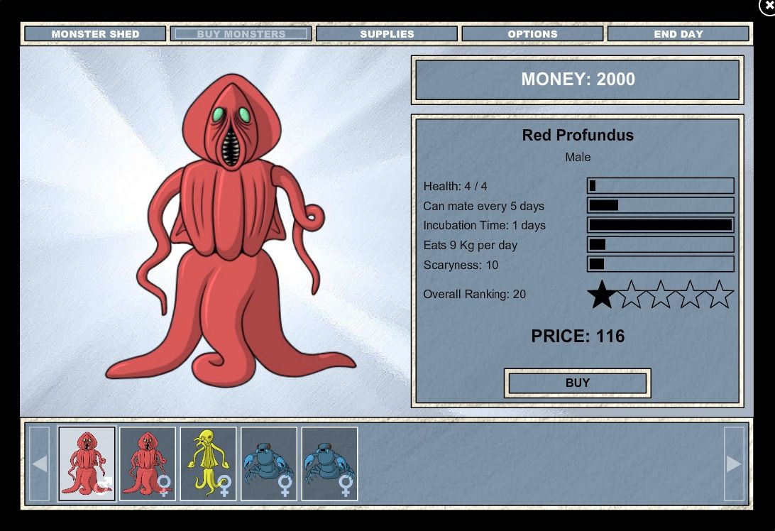 Monster Breeding (Browser) screenshot: Buy Monsters - With additional info on their feeding habits, incubation period, etc.