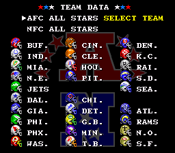 Tecmo Super Bowl (SNES) screenshot: Teams list