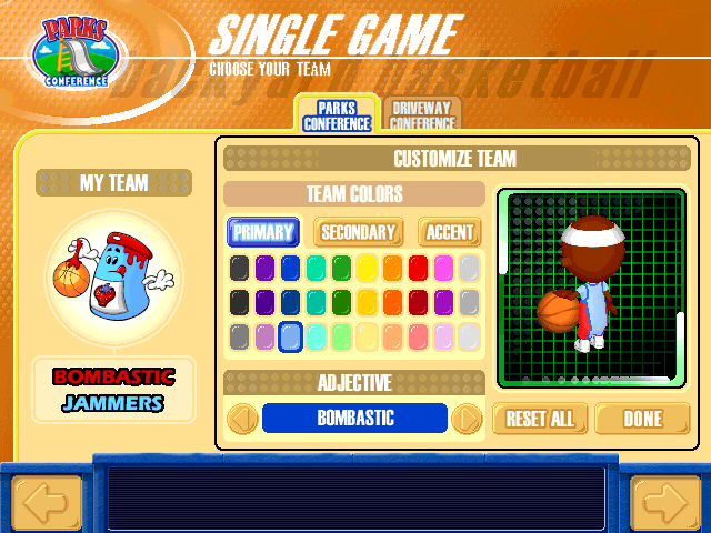 Backyard Basketball (Windows) screenshot: For more fun, you can even customize your team colors and change the adjective.