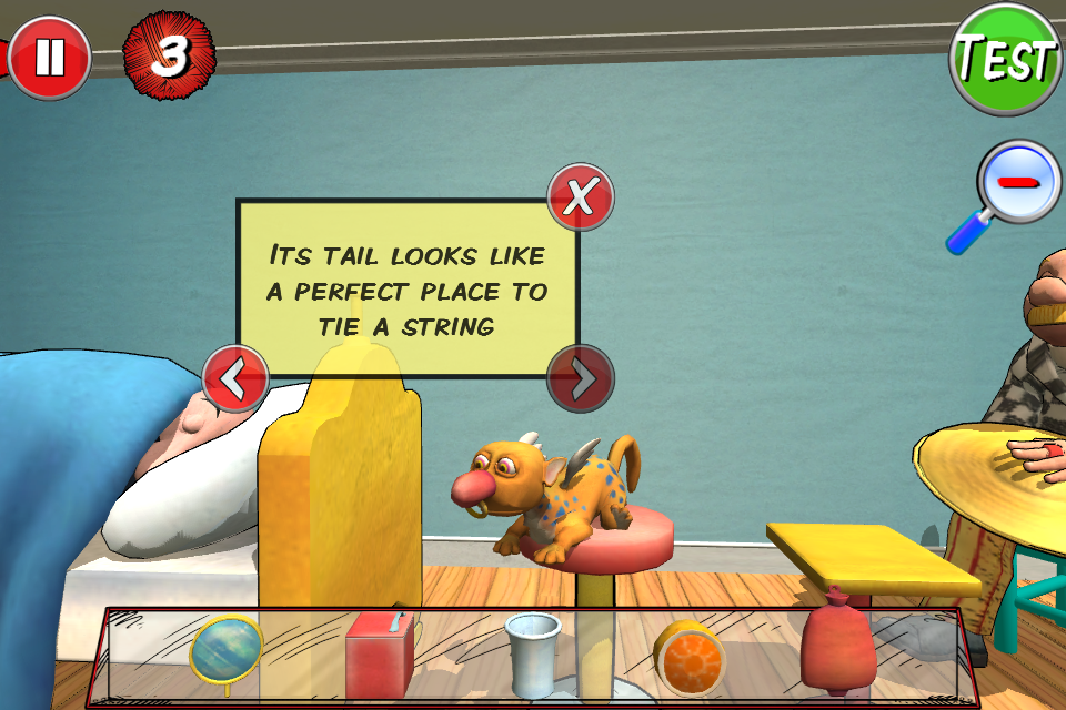 Rube Works: The Official Rube Goldberg Invention Game (iPhone) screenshot: Level 1 showing a hint