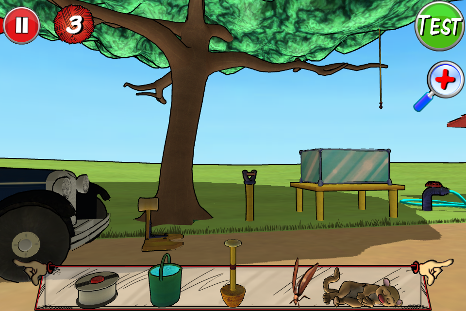 Rube Works: The Official Rube Goldberg Invention Game (iPhone) screenshot: Level 3, initial screen with toolbox objects