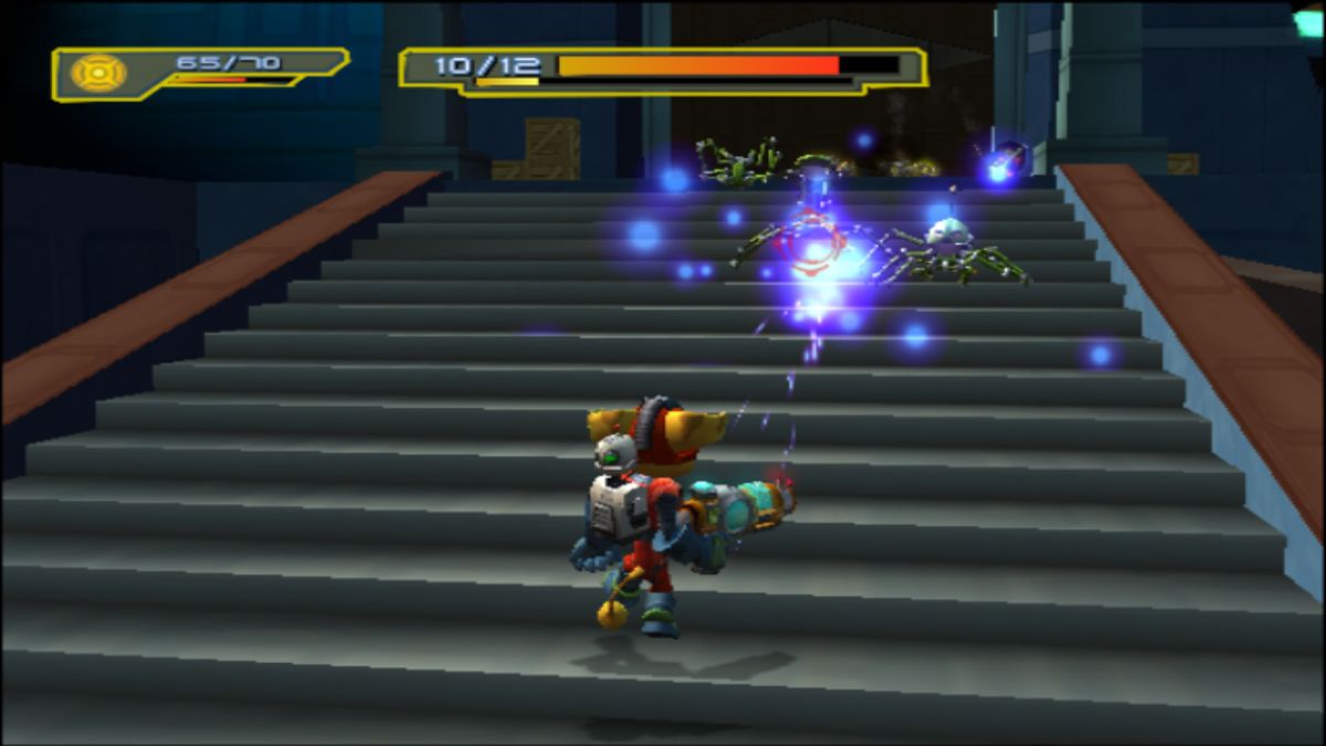 Ratchet & Clank: Size Matters (PlayStation 2) screenshot: Blasting enemies on Kalidon