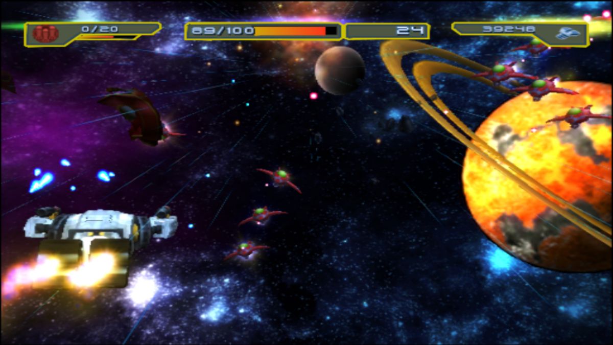 Ratchet & Clank: Size Matters (PlayStation 2) screenshot: Flying through space as Giant Clank in a shoot em' up style of gameplay