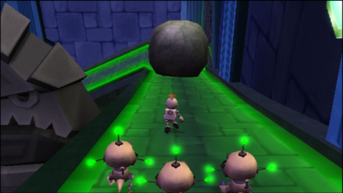 Ratchet & Clank: Size Matters (PlayStation 2) screenshot: Chasing after a boulder with minions in tow