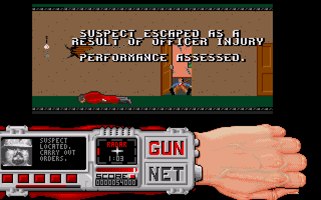 Techno Cop (Amiga) screenshot: Your injury caused the criminal to escape