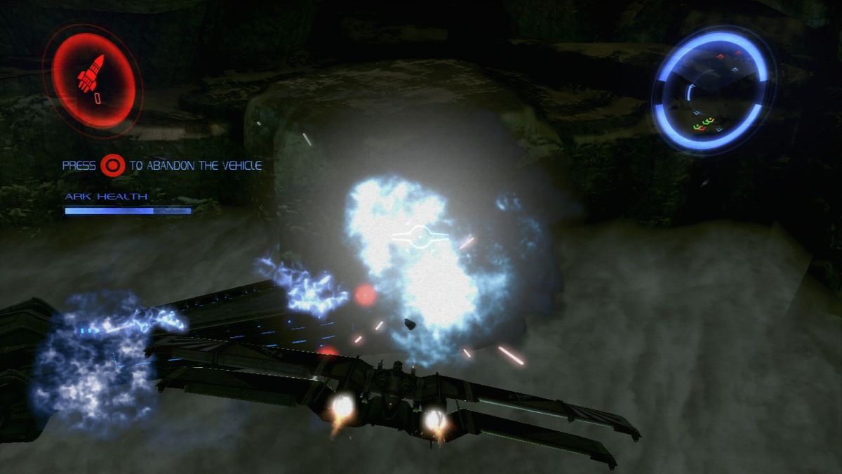 Dark Void (PlayStation 3) screenshot: Shooting anywhere may prove useless for tougher enemies, so look for specific vulnerable key areas.