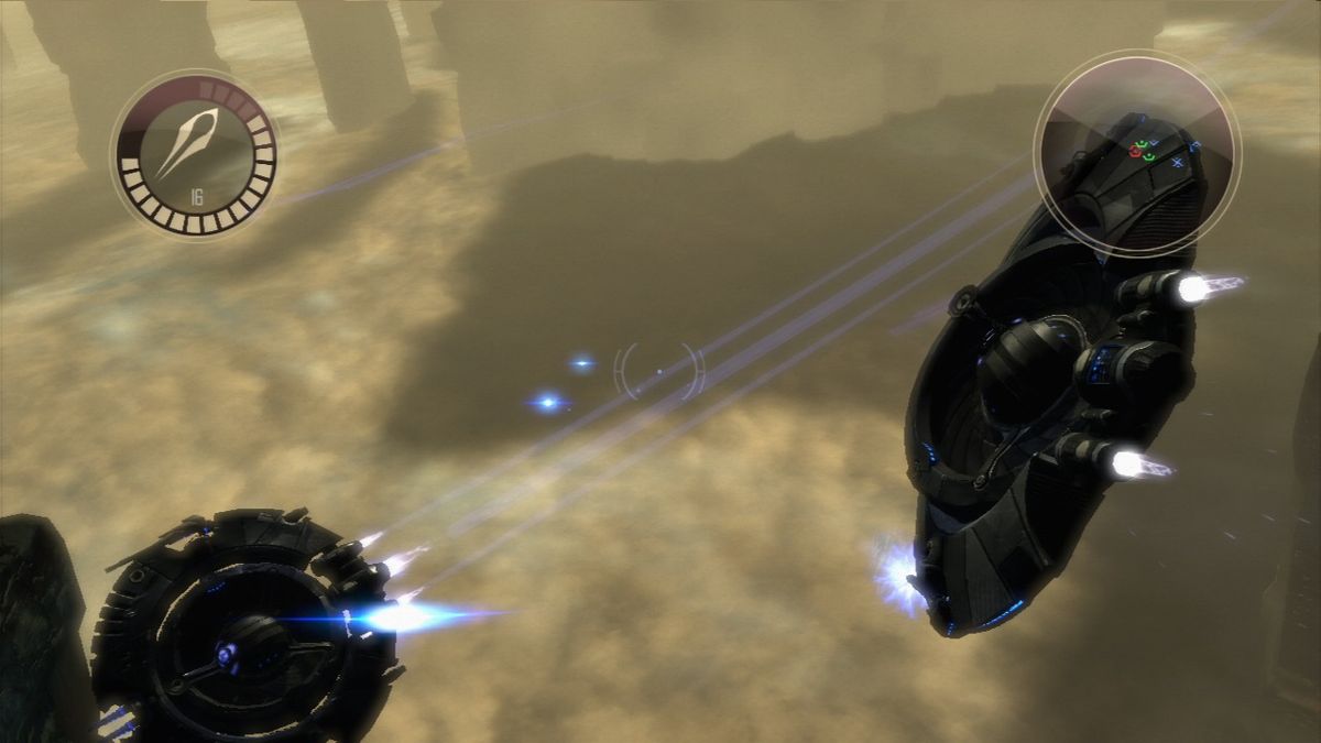 Dark Void (PlayStation 3) screenshot: You will be more powerful when commandeering enemy fighter plane, but your missiles will be limited.