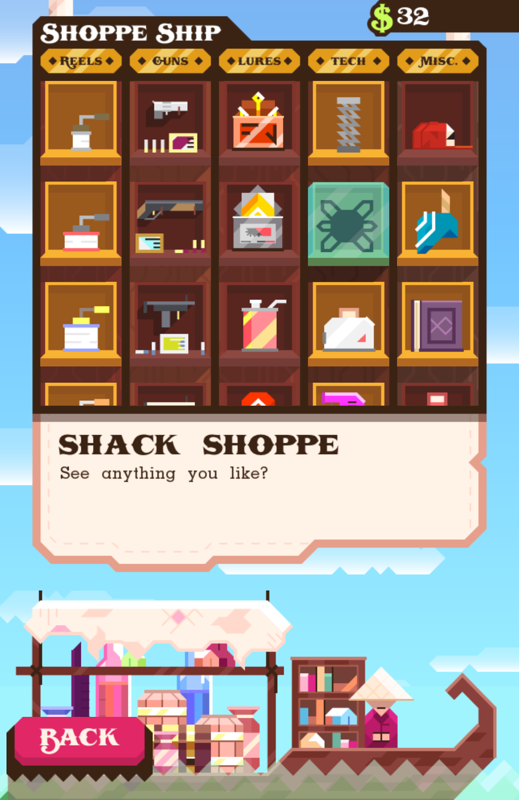 Ridiculous Fishing (Android) screenshot: The shop with the five main categories