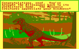 Return of the Dinosaurs (DOS) screenshot: Safely returned the Allosaurus!