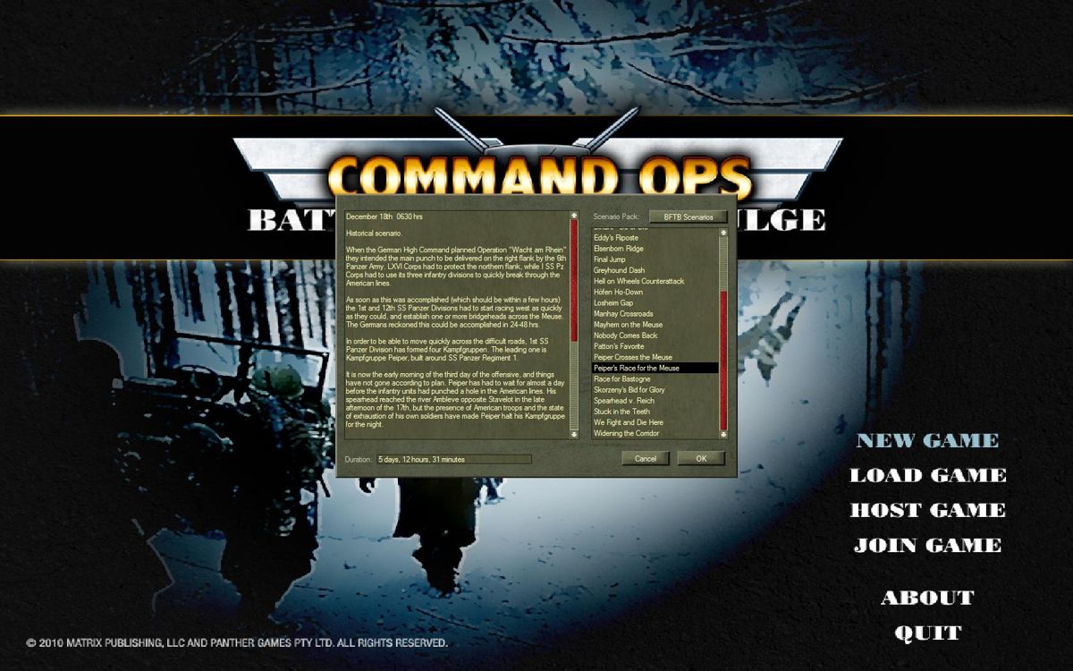 Command Ops: Battles from the Bulge (Windows) screenshot: choose a scenario